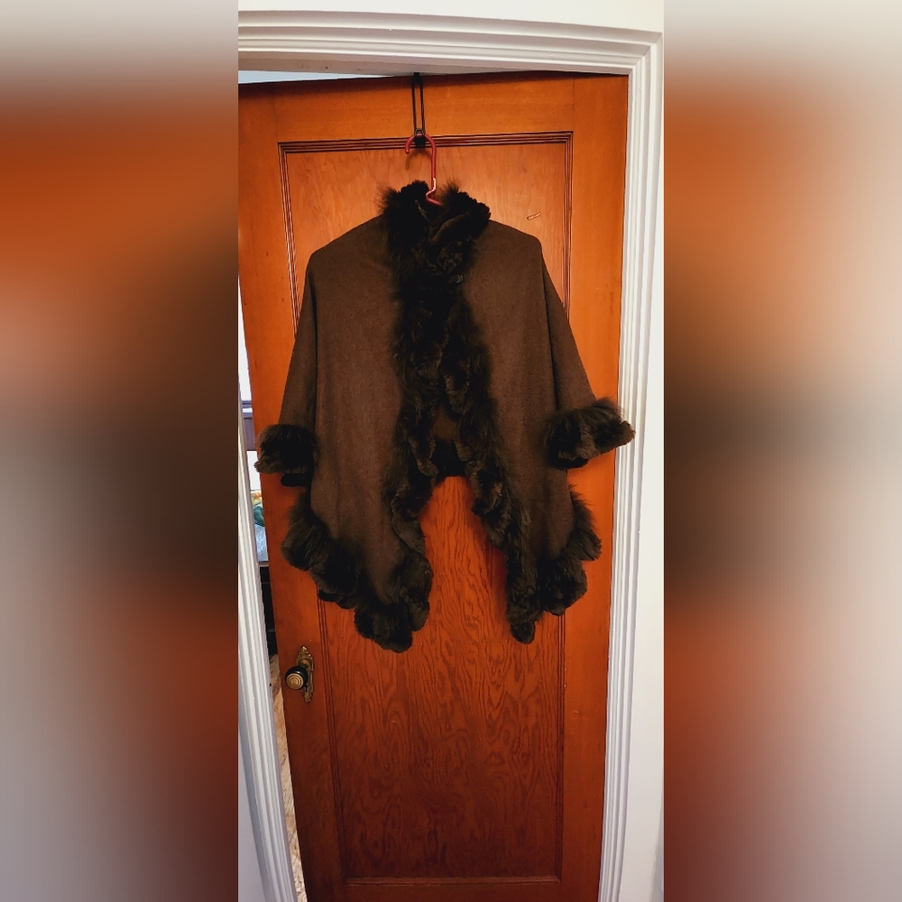 Brown cashmere cape with rabbit/fox trim